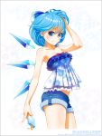  1girl alternate_costume bare_shoulders blue_eyes blue_hair bow cirno collarbone earrings frame gari_gari-kun hair_bow hand_in_hair ice ice_wings jewelry looking_at_viewer maco_(macoillust) older popsicle revision short_shorts shorts solo strapless touhou wings 