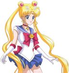  1girl anime_coloring bishoujo_senshi_sailor_moon bishoujo_senshi_sailor_moon_crystal blue_eyes blue_skirt bow brooch choker circlet double_bun earrings elbow_gloves gloves hair_ornament hairclip highres jewelry long_hair official_style sailor_collar sailor_moon skirt solo starca tsukino_usagi twintails watermark web_address white_background white_gloves 