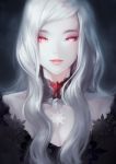  1girl albino black_dress breasts bust choker cleavage dress face glowing glowing_eyes highres light_smile lips long_hair looking_at_viewer original pale_skin parted_lips patipat_asavasena payot pink_eyes portrait red_eyes revision snowflakes solo white_hair 