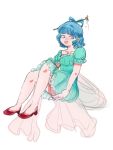  1girl :d blue_dress blue_eyes blue_hair collarbone covering covering_ass dress frilled_dress frills hair_ornament hair_rings hair_stick kaku_seiga legs momoyamiya open_mouth puffy_sleeves rough shawl short_hair short_sleeves simple_background sitting slippers smile solo touhou white_background 