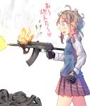  1girl akmsu assault_rifle blue_eyes brown_hair daito fire gloves gun magazine_(weapon) original school_uniform short_hair solo weapon 