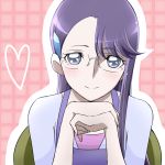  1girl apron blush cute eyelashes gacchahero glasses grey_eyes happy heart heartcatch_precure! long_hair looking_at_viewer precure purple_hair shirt sitting smile solo tsukikage_yuri 