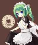  1girl apron asymmetrical_hair blue_eyes brown_background cup daiyousei eluthel english fairy_wings green_hair hair_ribbon heart looking_at_viewer maid_headdress object_hug open_mouth ribbon rough saucer short_hair side_ponytail sign simple_background skirt_hold solo touhou tray waitress wings 