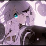  1girl blue_eyes blurry crying crying_with_eyes_open explosive grenade hair_ornament hair_over_one_eye ia_(vocaloid) long_hair looking_at_viewer looking_back misoan rough school_uniform serafuku solo tagme tears vocaloid white_hair 