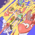  1girl bike_shorts building falling headphones highres inkling long_hair mask midriff navel nurikabu_(9wa) open_mouth paint_splatter payot redhead shorts slime splatoon squid super_soaker tentacle_hair tentacles 