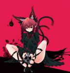  1girl :3 animal_ears black_dress black_eyes bow braid cat_ears cat_tail dress extra_ears highres kaenbyou_rin long_hair multiple_tails pointy_ears red_background red_pupils redhead rihito_(usazukin) shadow simple_background skull solo tail touhou twin_braids 