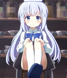  1girl :o blue_eyes blue_hair blush bow gochuumon_wa_usagi_desuka? kafuu_chino long_hair ramu_(taka1995) socks solo 