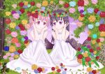  2girls absurdres akemi_homura black_hair bow dress eye_contact flower hair_bow highres kaname_madoka long_hair looking_at_another mahou_shoujo_madoka_magica multiple_girls pink_eyes pink_hair short_hair short_twintails sitting twintails violet_eyes white_dress yuri 