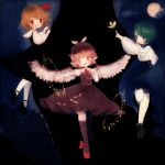  3girls ankle_ribbon antennae bird_wings blonde_hair butterfly darkness dress drooling full_moon green_eyes green_hair hair_ribbon hand_on_own_chest hat head_tilt index_finger_raised kneehighs long_sleeves looking_at_viewer looking_away moon multiple_girls musical_note mystia_lorelei night night_sky open_mouth outdoors outstretched_arm pantyhose pink_eyes pink_hair red_eyes ribbon rumia short_hair skirt skirt_set sky staff_(music) touhou wriggle_nightbug yujup 