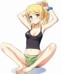  1girl adjusting_hair arms_up ayase_eli bare_legs barefoot blonde_hair blue_eyes blush breasts butterfly_sitting cleavage love_live!_school_idol_project navel ponytail scrunchie short_shorts shorts sitting smile solo tank_top tonee white_background 