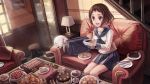  1girl bag bread brown_hair cake cat chocolate cookie couch croissant cup drawfag food highres hyouka ibara_mayaka lamp pink_eyes plate short_hair stairs sweets teacup window 
