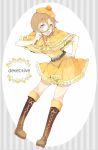  1girl aka_ek0 belt beret boots brown_eyes brown_hair detective dress english eyelashes happinesscharge_precure! happy hat heart knee_boots kneehighs looking_at_viewer oomori_yuuko open_mouth precure ribbon short_hair smile solo tagme yellow_dress 