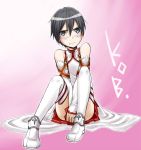  1boy asuna_(sao) asuna_(sao)_(cosplay) black_eyes black_hair blush covering covering_crotch crossdressinging detached_sleeves kirito short_hair sword_art_online thigh-highs tokito_(wabi-suke) 