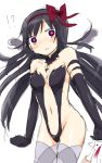  !? 1girl adapted_costume akemi_homura akuma_homura argyle argyle_legwear bare_back bare_shoulders black_gloves black_hair blood blush bow choker elbow_gloves embarrassed epic_nosebleed feathered_wings gloves hair_bow kyubey long_hair looking_at_viewer mahou_shoujo_madoka_magica mahou_shoujo_madoka_magica_movie navel nosebleed revealing_clothes simple_background spoilers surprised thigh-highs thighs upiupi2 violet_eyes white_background wings 