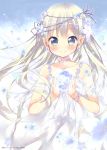  1girl blue_eyes blush bracelet collarbone dress earrings ech fairy fairy_wings flower grey_eyes hair_flower hair_ornament hair_ribbon highres jewelry long_hair looking_at_viewer necklace original pointy_ears revision ribbon silver_hair smile solo very_long_hair white_dress wings 