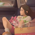  1girl animated animated_gif blurry bouquet brown_eyes brown_hair car car_interior depth_of_field flower ilya_kuvshinov long_hair motor_vehicle ogino_chihiro ponytail sen_to_chihiro_no_kamikakushi sitting solo vehicle 