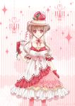  1girl brown_hair choker cup double_bun dress food food_themed_clothes frills fruit gloves hat highres icing original pantyhose payot pink_background pink_eyes pink_legwear ribbon_choker shiroya short_hair smile solo standing strawberry teacup 
