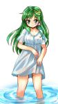  1girl alternate_costume blue_eyes collarbone dress frog_hair_ornament green_hair hair_ornament kochiya_sanae long_hair looking_at_viewer nibi see-through short_sleeves smile snake_hair_ornament solo sundress touhou water wet wet_clothes wet_dress white_dress 