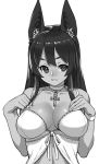  1girl :3 animal_ears ankh anubis babydoll bare_shoulders breasts bust choker cleavage highres houtengeki large_breasts long_hair monochrome original simple_background smile solo white_background wristband 