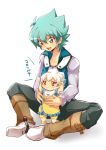  2boys ahoge baby bib blue_hair green_eyes green_hair hakuryuu_(inazuma_eleven) inazuma_eleven_(series) inazuma_eleven_go johan_andersen male multicolored_hair multiple_boys red_eyes short_hair simple_background sitting tobi_(one) two-tone_hair white_background white_hair young yuu-gi-ou yuu-gi-ou_gx 