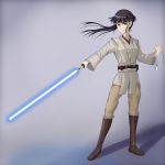  1girl absurdres alternate_costume black_hair crossover energy_sword eyepatch heterochromia highres jatts lightsaber sakamoto_mio smile solo star_wars strike_witches sword weapon 