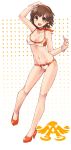  1girl :d bikini breasts brown_hair earrings halterneck high_heels highres honda_mio idolmaster idolmaster_cinderella_girls jewelry legs open_mouth orange_bikini paopao shoes short_hair smile swimsuit tagme yellow_eyes 