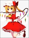  1girl asymmetrical_hair bangs black_border blonde_hair blush border bow crystal dress flandre_scarlet grey_background hat payot red_bow red_dress red_eyes shoes side_ponytail simple_background smile solo touhou wings wristband yuippe 