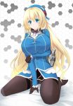  1girl atago_(kantai_collection) black_gloves black_legwear blonde_hair blue_eyes blush breasts crotch_seam gisyo gloves hat highres huge_breasts kantai_collection long_hair long_sleeves pantyhose solo thighband_pantyhose 