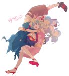  1boy 1girl armlet blue_hair bracelet couple flower goggles goggles_on_head hug jewelry multicolored_hair nia_teppelin oka_(a.m.) simon skirt smile tengen_toppa_gurren_lagann two-tone_hair upside-down younger 