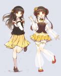  2girls brown_eyes brown_hair character_request copyright_request eyelashes grey_background happy highres hoshi_(xingspresent) long_hair looking_at_viewer multiple_girls open_mouth shoes simple_background sketch skirt smile standing tagme 