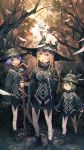  3girls brown_eyes brown_hair dragon green_eyes green_hair hat height_difference holding long_hair looking_up multiple_girls open_mouth original purple_hair sharp_teeth shoes short_hair staff tagme toridamono tree violet_eyes witch witch_hat 