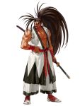  1boy bandages black_hair dougi hairband hakama haoumaru japanese_clothes katana long_hair male neo_geo_battle_coliseum official_art ogura_eisuke ponytail samurai_spirits snk sword traditional_clothes weapon 