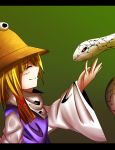  1girl blonde_hair bust closed_eyes gradient gradient_background green_background hair_ribbon hat high_collar highres kotia letterboxed long_sleeves mishaguji moriya_suwako payot profile raised_hand ribbon short_hair smile snake touhou wide_sleeves 