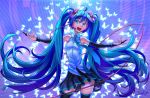  1girl artist_name blue_eyes blue_hair bridal_gauntlets butterfly hatsune_miku headset indrix long_hair necktie open_mouth outstretched_arms saikono skirt solo spread_arms thigh-highs twintails very_long_hair vocaloid 