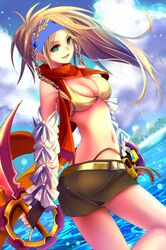  1girl bikini blonde_hair braid dagger final_fantasy final_fantasy_x final_fantasy_x-2 fingerless_gloves gloves green_eyes headband kether long_hair miniskirt rikku scarf skirt smile solo swimsuit water weapon yellow_bikini 