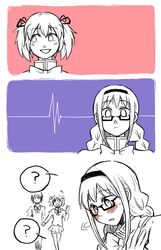  3girls ? akemi_homura blush braid cardiogram comic glasses hair_ribbon hairband heartbeat highres kaname_madoka long_hair looking_at_viewer mahou_shoujo_madoka_magica miki_sayaka monochrome multiple_girls pov pov_eye_contact ribbon school_uniform semi-rimless_glasses short_hair short_twintails simple_background skirt thigh-highs twin_braids twintails under-rim_glasses waving white_background yuri zettai_ryouiki 