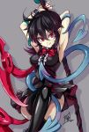  1girl armpits arms_up asymmetrical_wings black_hair black_legwear blush breasts dress fang houjuu_nue looking_at_viewer nail_polish pointy_ears polearm red_eyes short_hair simple_background smile snake solo thigh-highs touhou touya_(the-moon) weapon wings wrist_cuffs zettai_ryouiki 