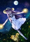 1girl closed_eyes dog dress dutch_angle facing_viewer field fireflies fireworks grass hat hill long_hair moon night night_sky open_mouth original outstretched_arms purple_hair running samizuban sky smile solo sparkler spread_arms star_(sky) starry_sky summer 