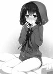  1girl bed blush bottomless highres hoodie long_hair looking_at_viewer original sitting solo tissue yadapot 