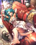  1girl aqua_hair barefoot bat_wings breasts candle cat cleavage couch dino_(trexsilence) dress feet head_wings long_hair original solo stretch toes window wings yellow_eyes 