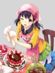  1girl ;o apron black_eyes black_hair cake casual cream cream_on_face food hair_ornament ilog occhan_(artist) official_art one_eye_closed open_mouth seiza sitting solo tagme 