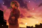  1girl absurdres artist_request city cityscape clouds copyright_name earphones green_hair hand_in_pocket highres hoodie kagerou_project kido_tsubomi long_hair looking_away open_mouth orange_sky purple_sky red_eyes scenery sky solo sunset 