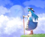 1girl apron black_hat blue_hair bow clouds cloudy_sky collared_shirt food frills from_side fruit grass hat hinanawi_tenshi long_hair long_skirt peach puffy_short_sleeves puffy_sleeves red_eyes sash short_sleeves skirt sky solo sun_hat sword_of_hisou teoi_(good_chaos) touhou waist_apron wind