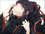  1girl artist_request azami_(kagerou_project) black_border black_hair crying head_tilt japanese_clothes kagerou_project long_hair medusa monster_girl red_eyes sad scales scarf solo tears white_background 