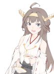  1girl ahoge bare_shoulders brown_hair cup detached_sleeves double_bun grey_eyes hairband headgear japanese_clothes kantai_collection kongou_(kantai_collection) long_hair nontraditional_miko open_mouth personification saucer skirt solo tea teacup tugmix 