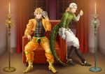  2boys blonde_hair blue_eyes boots couch diego_brando dio_brando gloves hat highres jojo_no_kimyou_na_bouken multiple_boys red_eyes scary_monster_(stand) shion125s stand_(jojo) steel_ball_run stone_mask_(jojo) sweater tail 