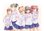  5girls annotated black_hair blonde_hair blue_eyes blue_skirt bow braid brown_hair finger_to_mouth glasses green_eyes hair_bow hairband hibino_hikaru hijiri_yuka hime-chan_no_ribbon iizuka_ena kamikura_ichiko lineup long_hair mori_manami multiple_girls nonohara_himeko pink_hair short_hair short_twintails skirt smile standing twin_braids twintails 