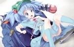  1girl backpack bag blue_eyes blue_hair blush crowbar folded_sleeves hair_bobbles hair_ornament hat kawashiro_nitori key matamataro open_mouth panties pantyshot pantyshot_(sitting) shirt sitting skirt skirt_set solo spread_legs touhou twintails underwear upskirt white_panties wrench 