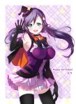  1girl arm_up blush breasts dress elbow_gloves gloves green_eyes long_hair looking_at_viewer love_live!_school_idol_project open_mouth purple_hair skirt smile solo thigh-highs toujou_nozomi twintails ume_(plumblossom) 