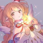  1girl animal_ears blonde_hair botamochi_(exwelder) braid candle commentary_request dress dutch_angle fire flame granblue_fantasy hair_ornament holding holding_candle light_blush long_hair long_sleeves mahira_(granblue_fantasy) neck_ribbon orange_eyes parted_lips red_ribbon ribbon sidelocks signature solo star_(symbol) star_hair_ornament translation_request triangle_mouth upper_body white_dress wings 